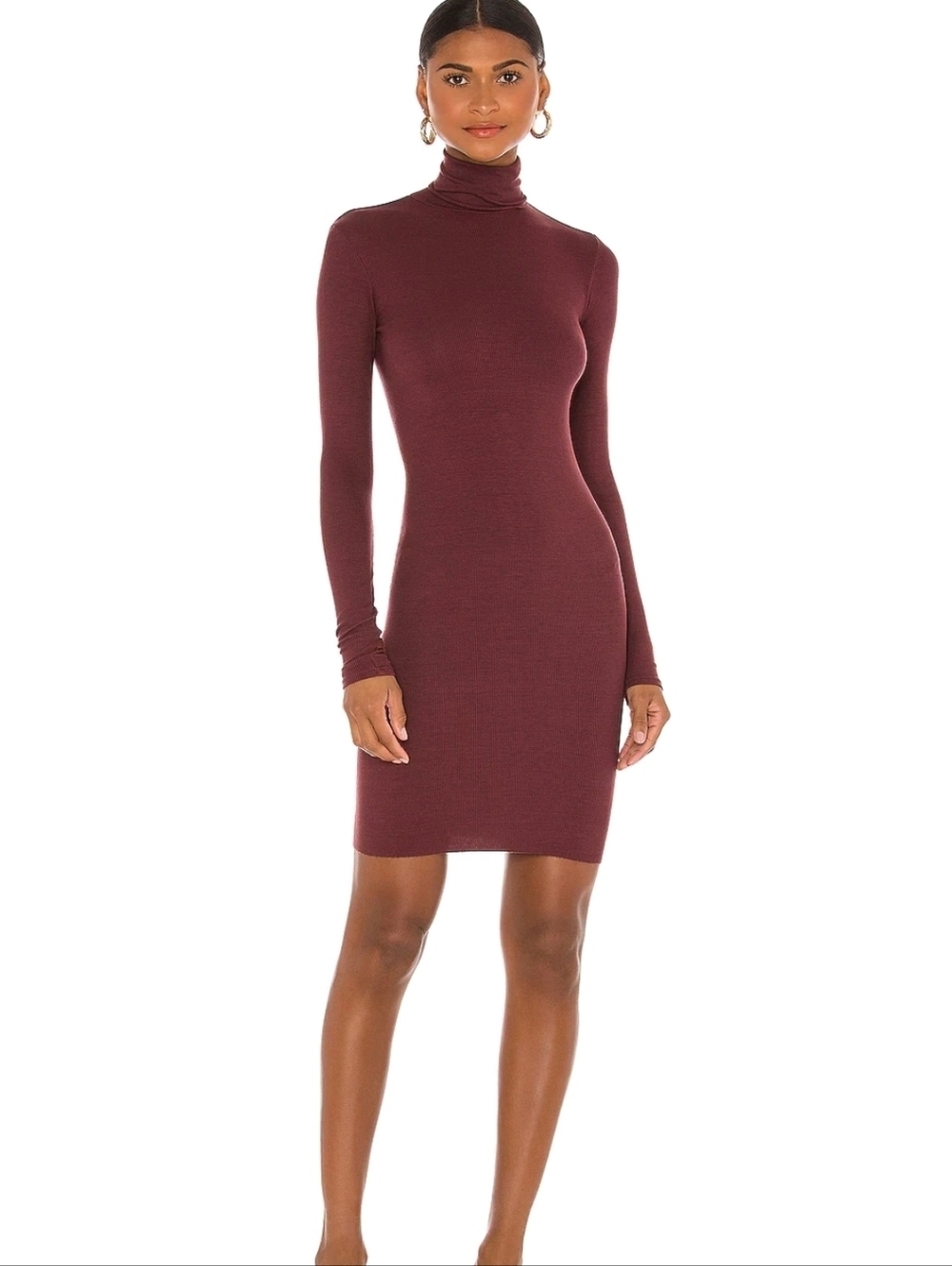 Enza Costa Burgundy Ribbed Viscose Silk Turtleneck Slim Bodycon Mini Dress SM